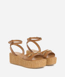 ALVIERO MARTINI Sandali in pelle liscia con zeppa in rafia Cuoio