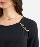 Alviero Martini T-shirt in jersey di cotone stretch con gioiello sullo scollo Nera